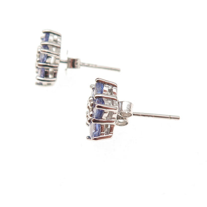 925 Sterling Silver Real Round-Cut Diamond & Tanzanite Floral Stud Earrings