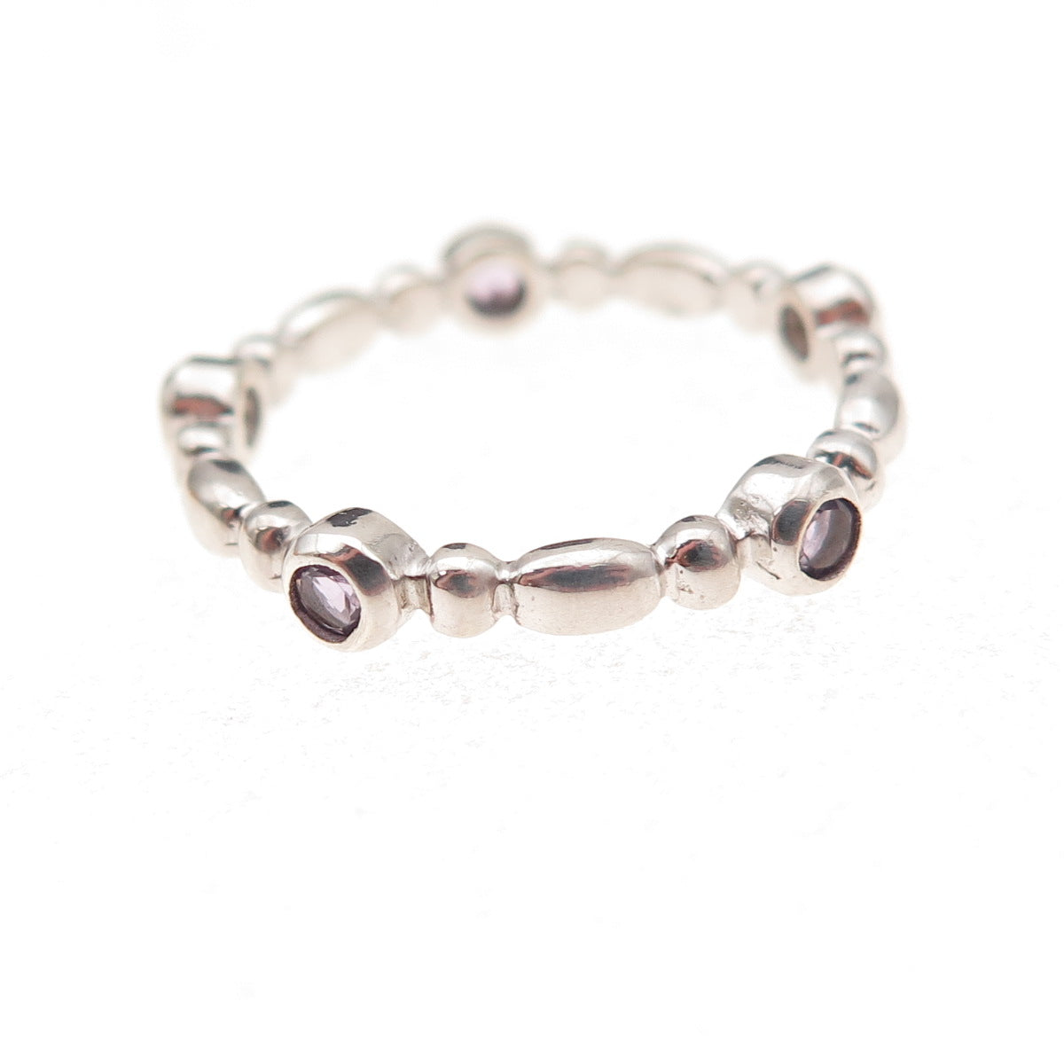 925 Sterling Silver Real Round-Cut Amethyst Station Band Ring Size 7