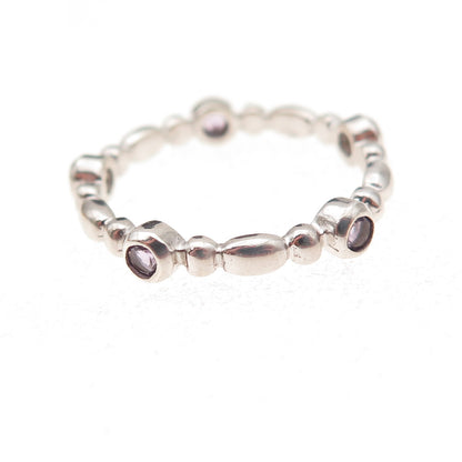 925 Sterling Silver Real Round-Cut Amethyst Station Band Ring Size 7
