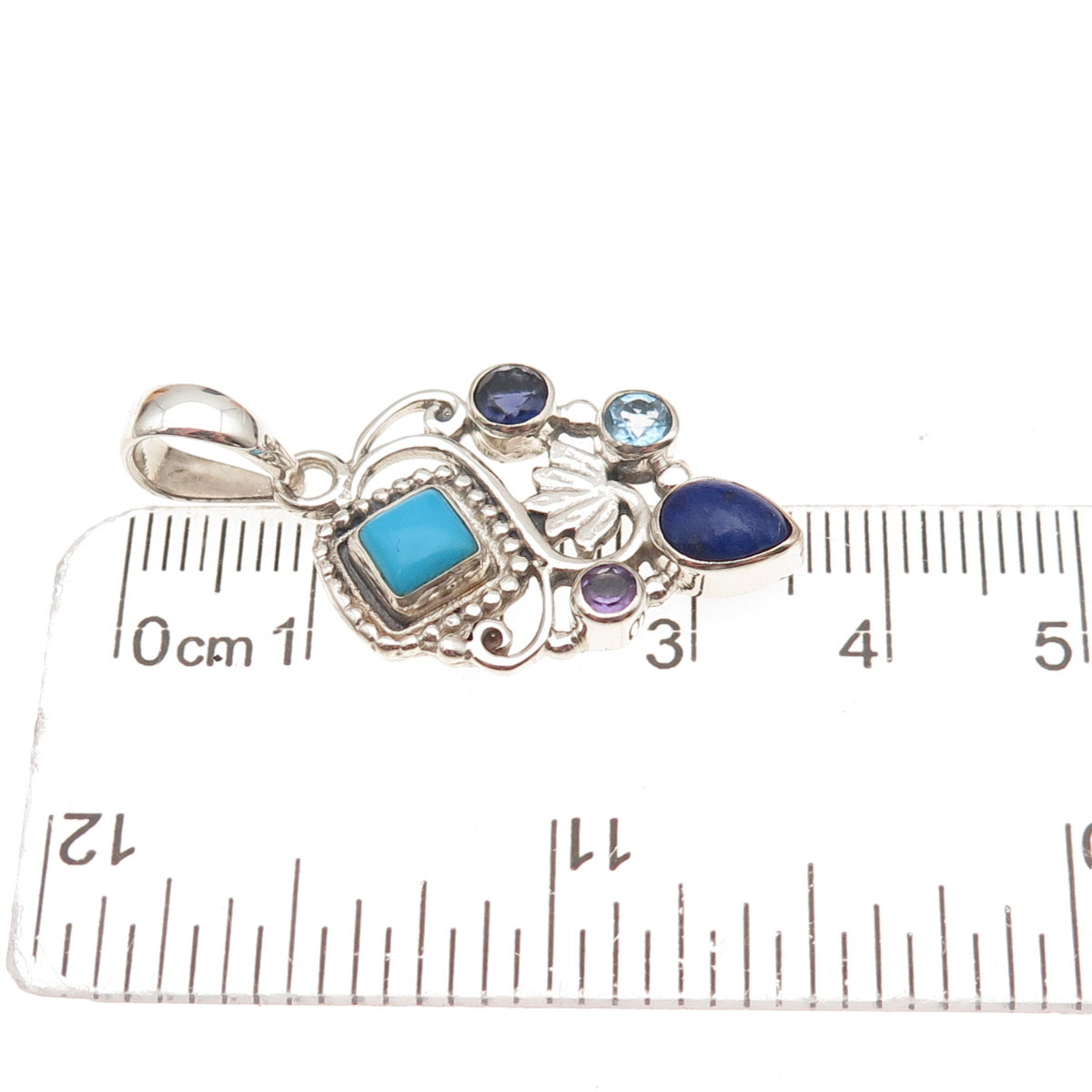 925 Sterling Silver Vintage Real Turquoise Lapis Iolite Topaz & Amethyst Pendant