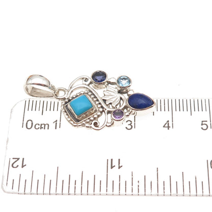 925 Sterling Silver Vintage Real Turquoise Lapis Iolite Topaz & Amethyst Pendant