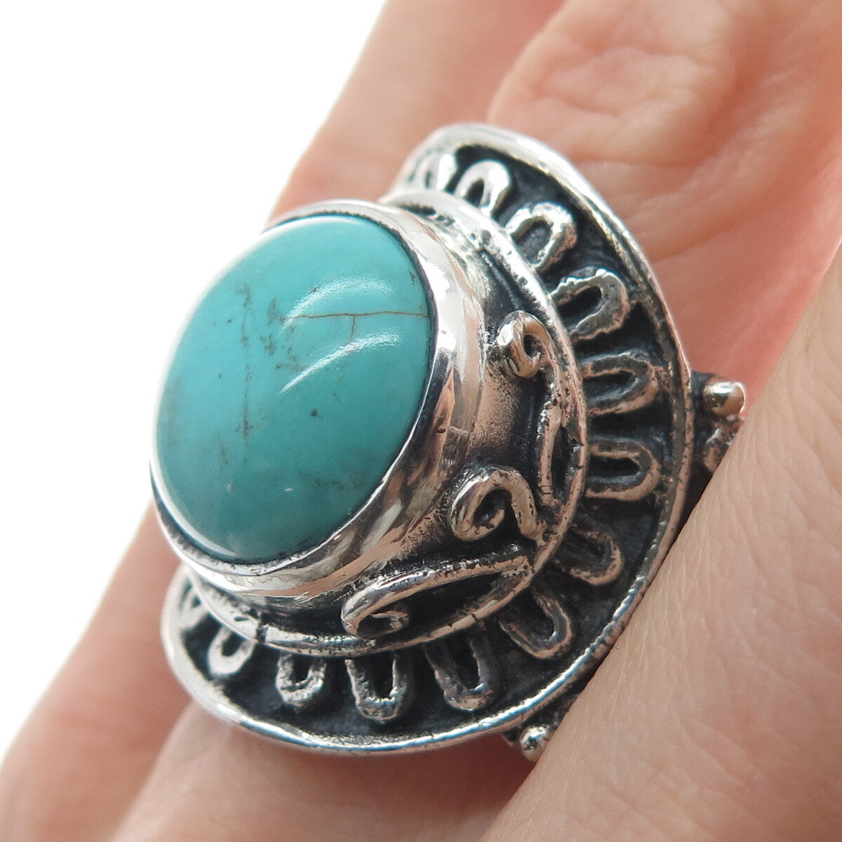 925 Sterling Silver Vintage Lone Mountain Turquoise Sun Oxidized Ring Size 10.5