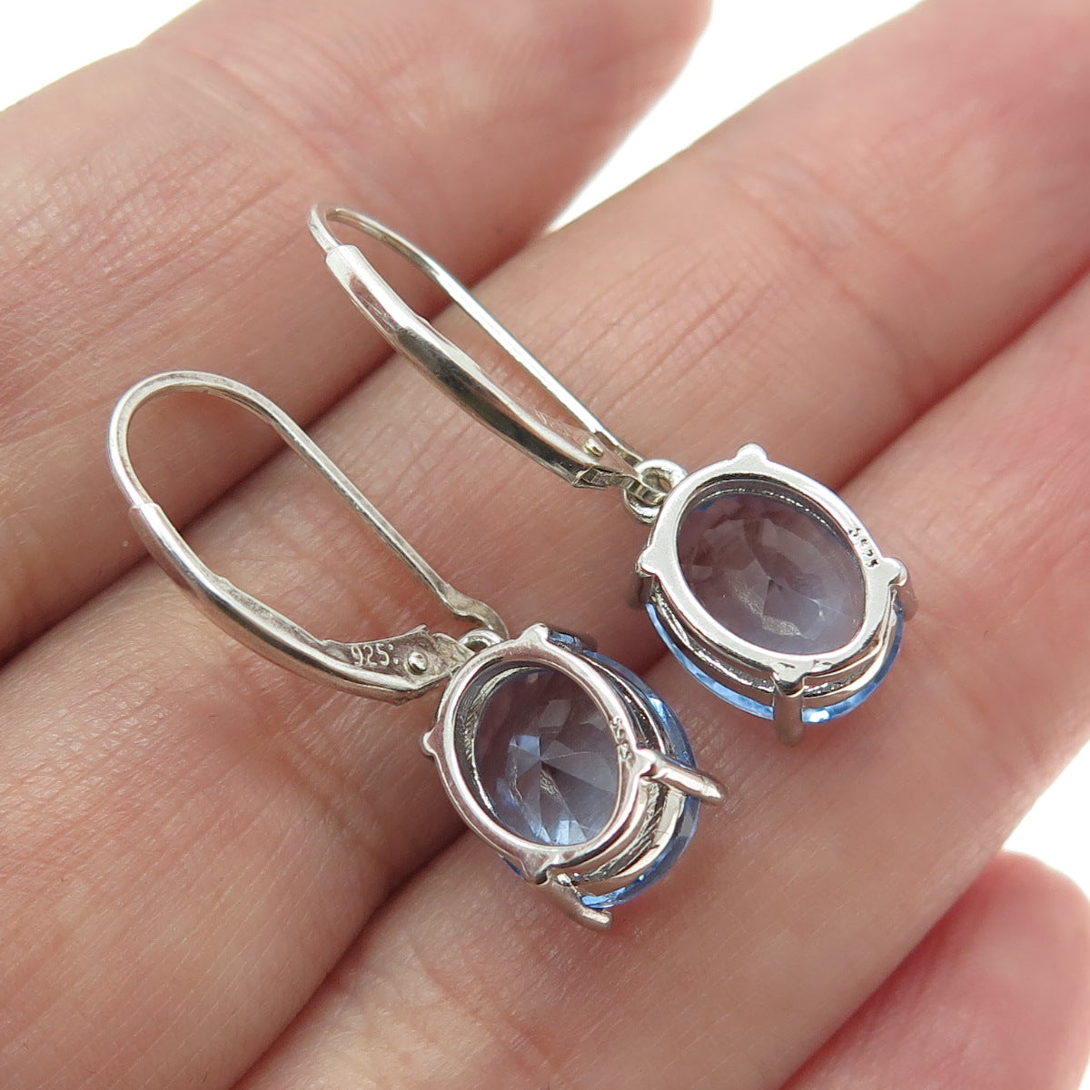 925 Sterling Silver Oval-Cut Blue C Z Dangle Earrings