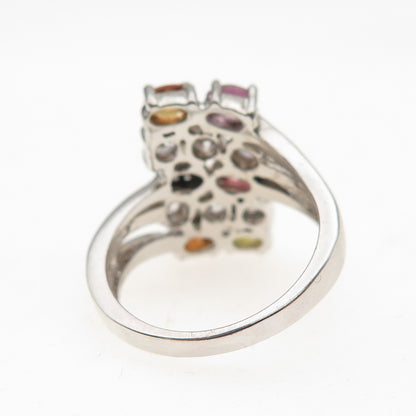 925 Sterling Silver Real Multi-Color Sapphire & C Z Cluster Ring Size 6.25
