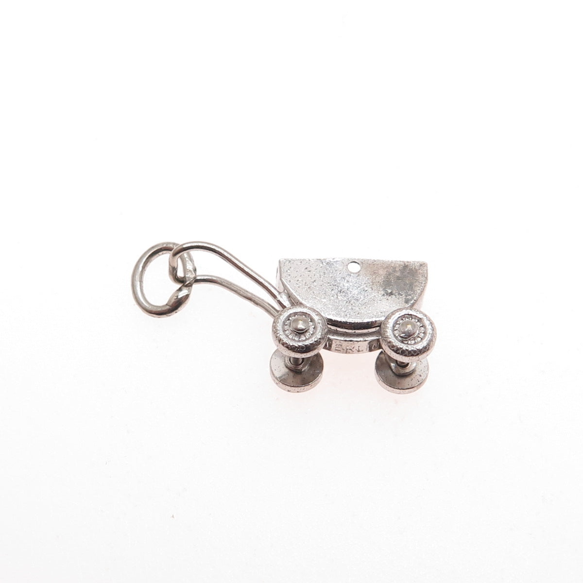 925 Sterling Silver Antique Art Deco Baby Stroller Minimalist 3D Charm Pendant