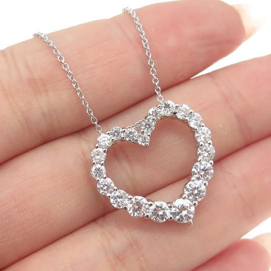925 Sterling Silver Round-Cut Shaped C Z Open Heart Cable Chain Necklace 16"