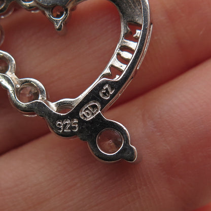 925 Sterling Silver Graduated Round-Cut C Z Mom Heart Charm Pendant