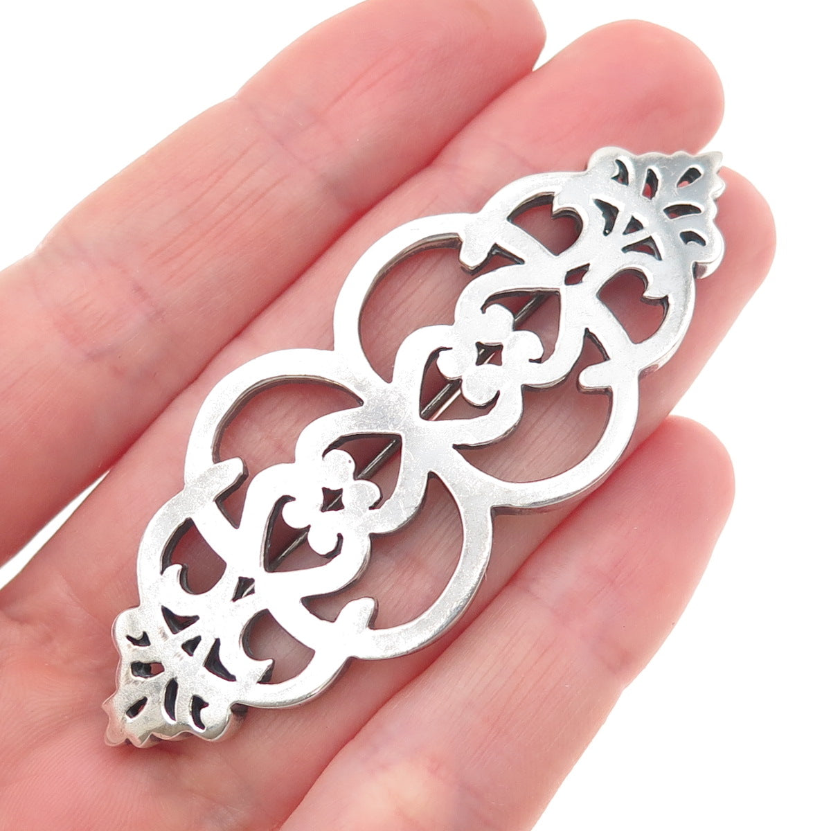 925 Sterling Silver Vintage Modernist Orante Floral Oxidized Pin Brooch