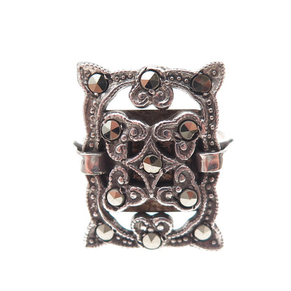 925 Sterling Silver Antique Art Deco Marcasite Floral Oxidized Ring Size 6.25