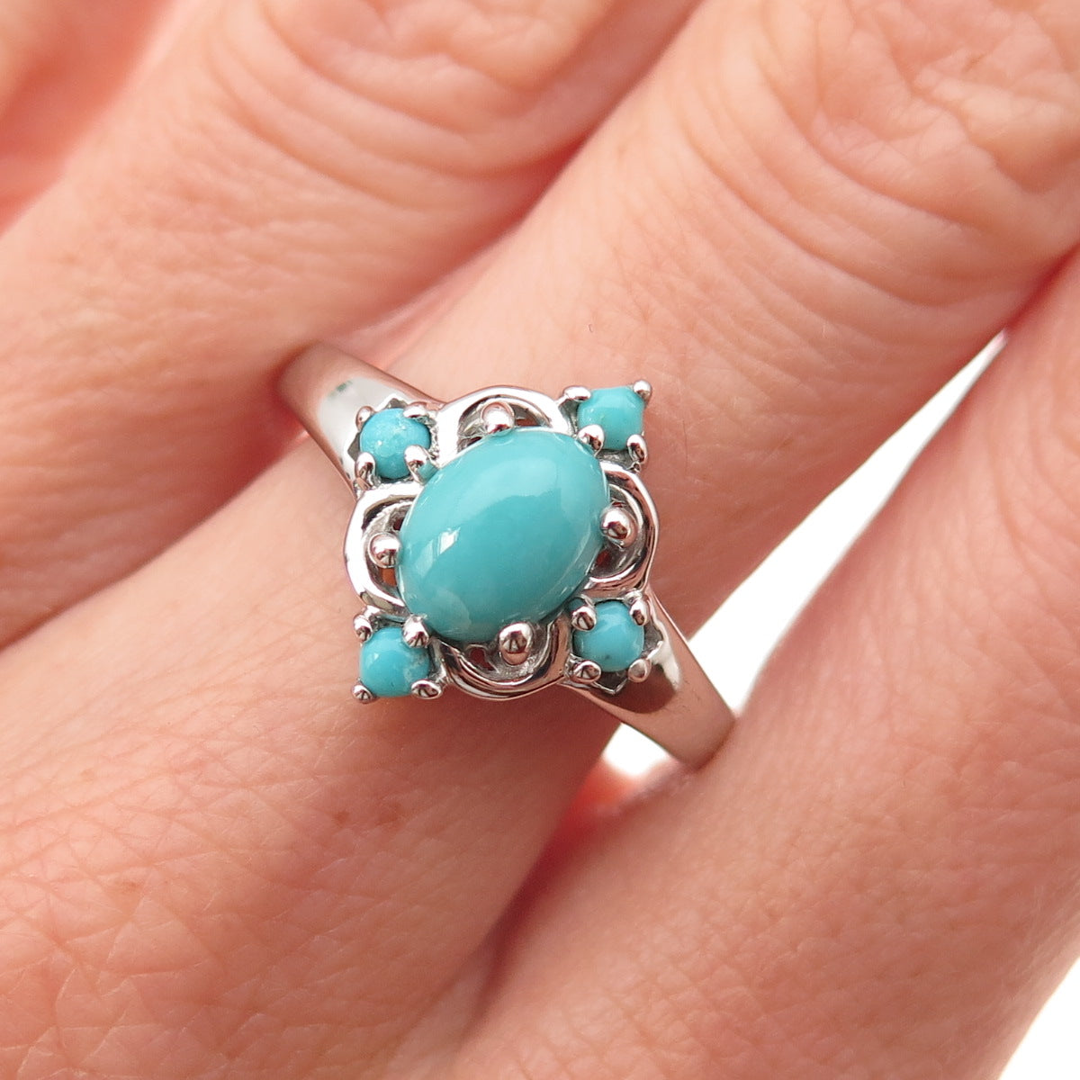 925 Sterling Silver Real Sleeping Beauty Turquoise Floral Ring Size 8