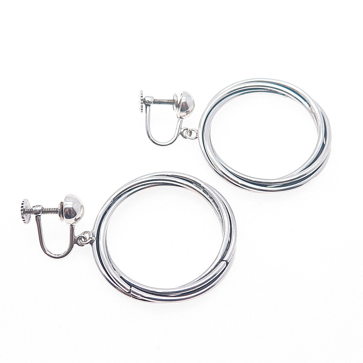 925 Sterling Silver Vintage Modernist Trinity Circle Dangle Screw Back Earrings