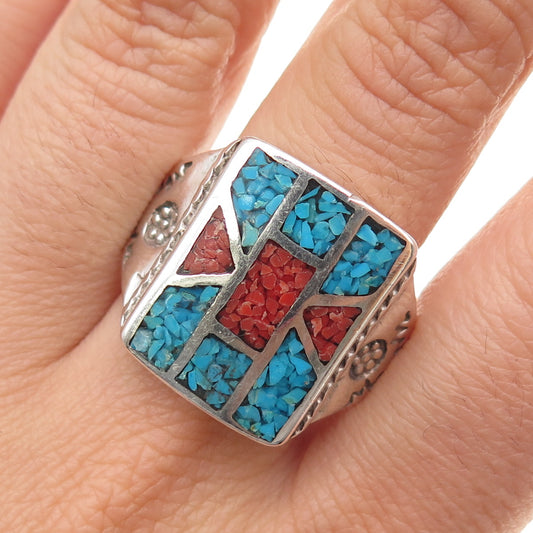 CAROLYN POLLACK Old Pawn 925 Sterling Vintage Turquoise Coral Inlay Ring Size 13