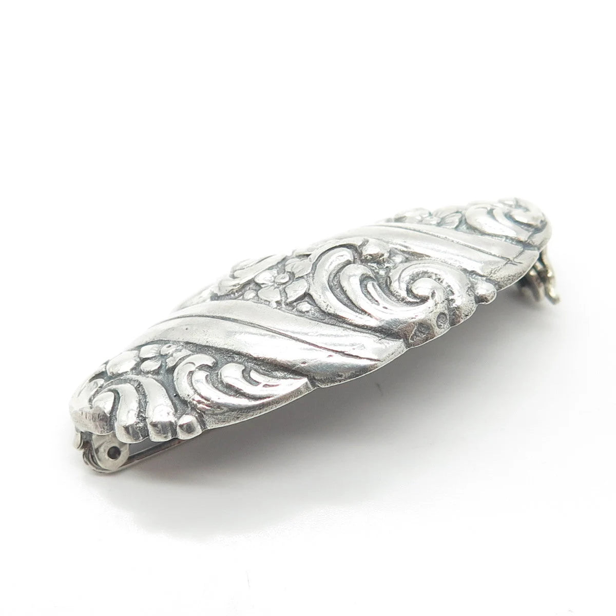 835 Silver Antique Art Deco Repousse Floral Twisted Pin Brooch