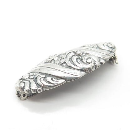 835 Silver Antique Art Deco Repousse Floral Twisted Pin Brooch