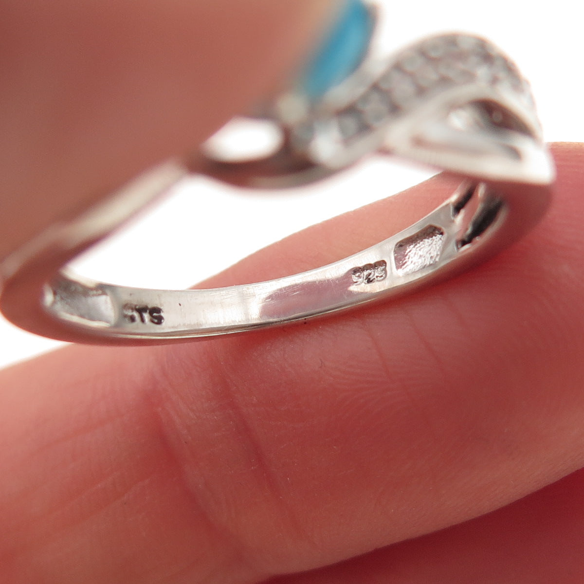 Chuck Clemency 925 Sterling Silver Real Turquoise & White Topaz Ring Size 8