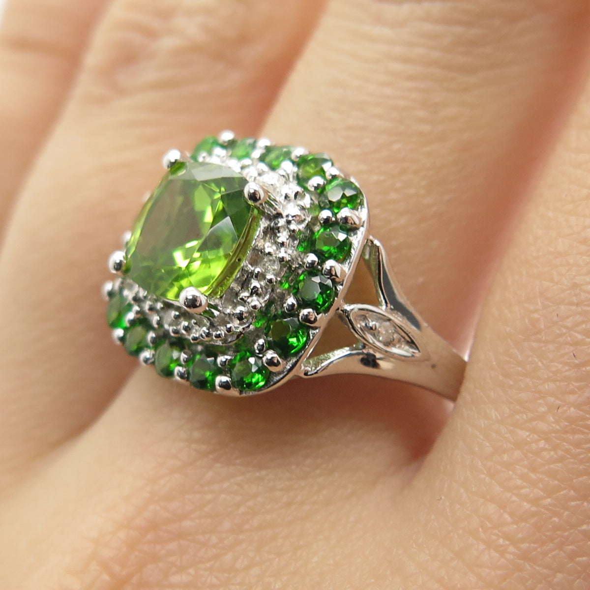 CHUCK CLEMENCY 925 Sterling Silver Real Diamond & Peridot Gem Ring Size 10.25