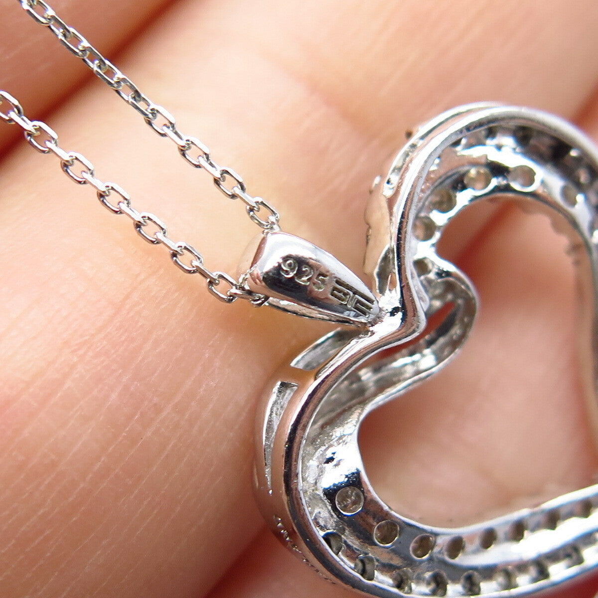 925 Sterling Silver Italy White Black Diamond Open Heart Rolo Chain Necklace 17"