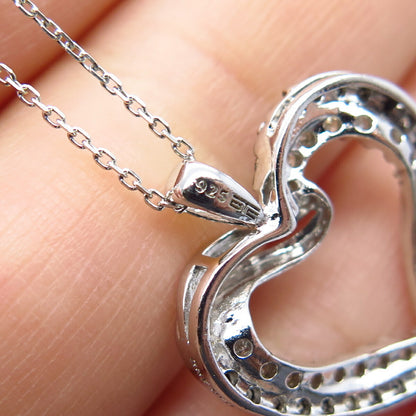 925 Sterling Silver Italy White Black Diamond Open Heart Rolo Chain Necklace 17"