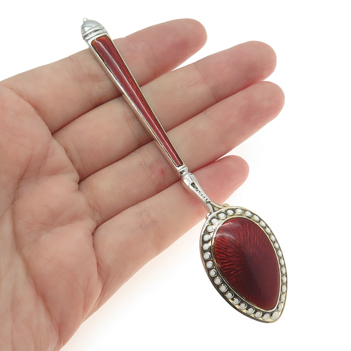 WATSON 925 Sterling Silver Vintage Red & White Guilloche Enamel Coffee Spoon