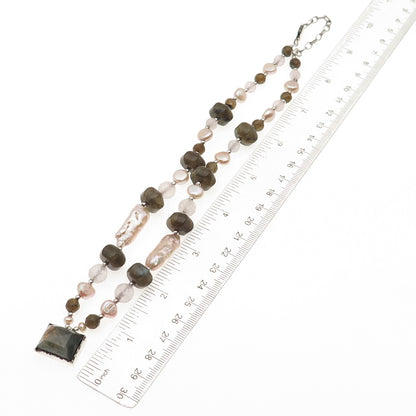 925 Sterling Silver Vintage Israel Real Labradorite Quartz Pearl Necklace 16-18"