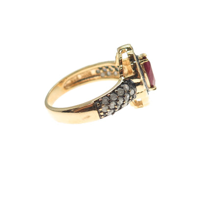 925 Sterling Silver Gold Plated Real Round-Cut Diamond & Ruby Ring Size 7.25