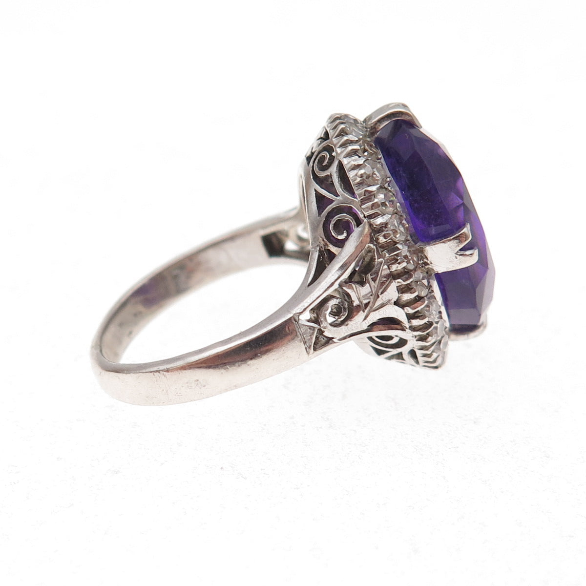 925 Sterling Silver Antique Art Deco Real Diamond & Amethyst Ring Size 5