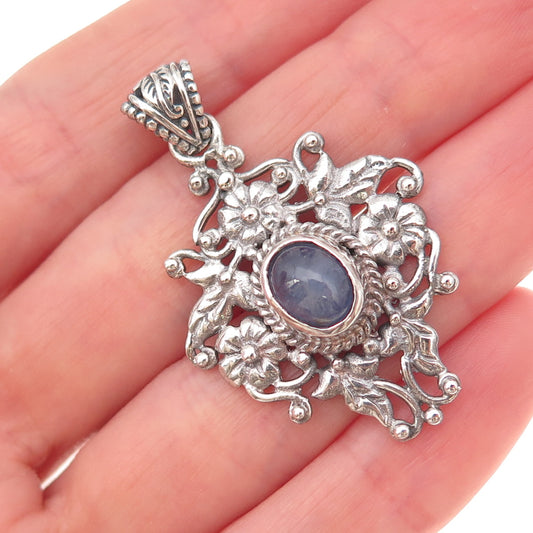 925 Sterling Silver Vintage Real Tanzanite Floral Oxidized Charm Pendant