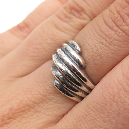 925 Sterling Silver Vintage Modernist Ribbed Bypass Oxidized Ring Size 7