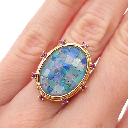 Dasan 925 Sterling Silver Gold Plated Real Opal & Amethyst Mosaic Ring Size 6