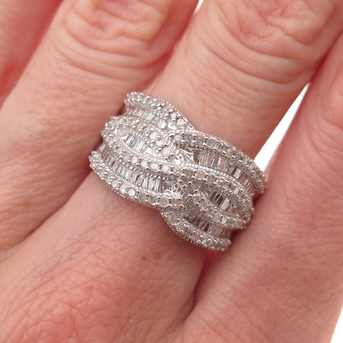 925 Sterling Silver Real Tapered Baguette & Round-Cut Diamond Ring Size 8