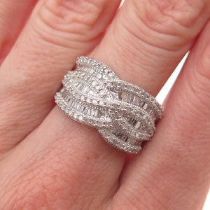 925 Sterling Silver Real Tapered Baguette & Round-Cut Diamond Ring Size 8