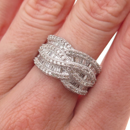 925 Sterling Silver Real Tapered Baguette & Round-Cut Diamond Ring Size 8