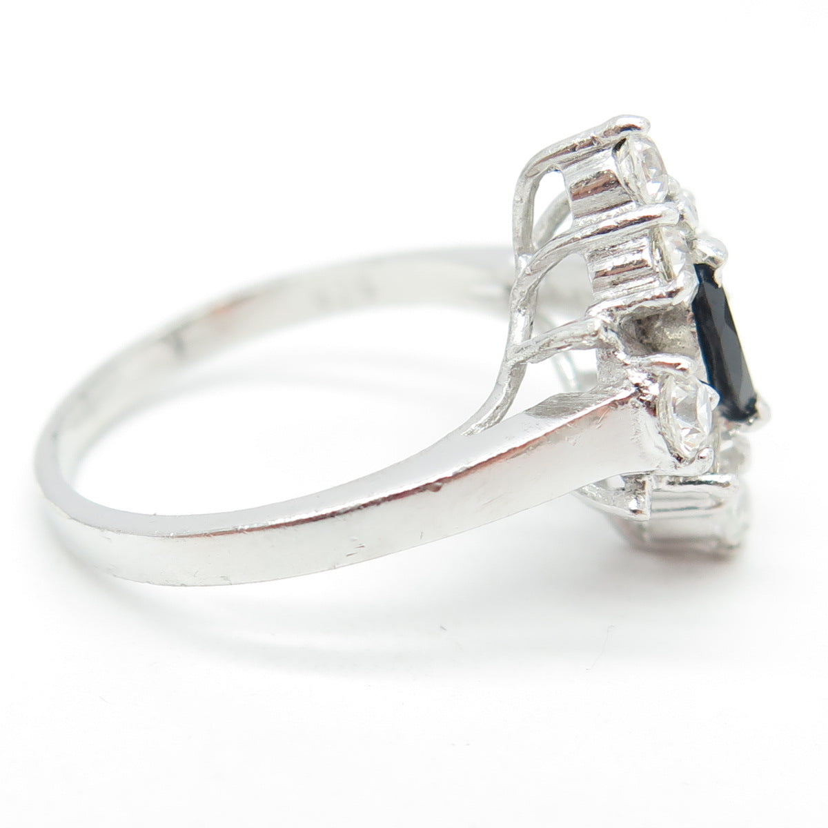 925 Sterling Silver Real Marquise-Cut Sapphire & Round C Z Ring Size 7.25