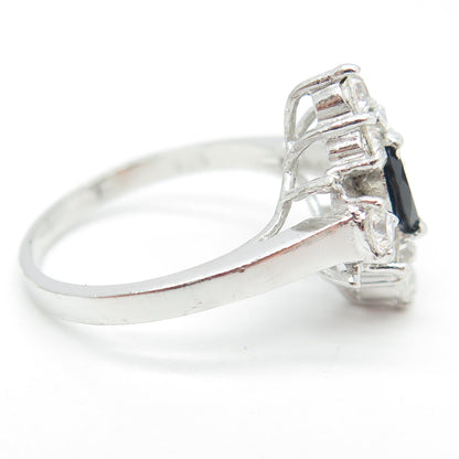 925 Sterling Silver Real Marquise-Cut Sapphire & Round C Z Ring Size 7.25