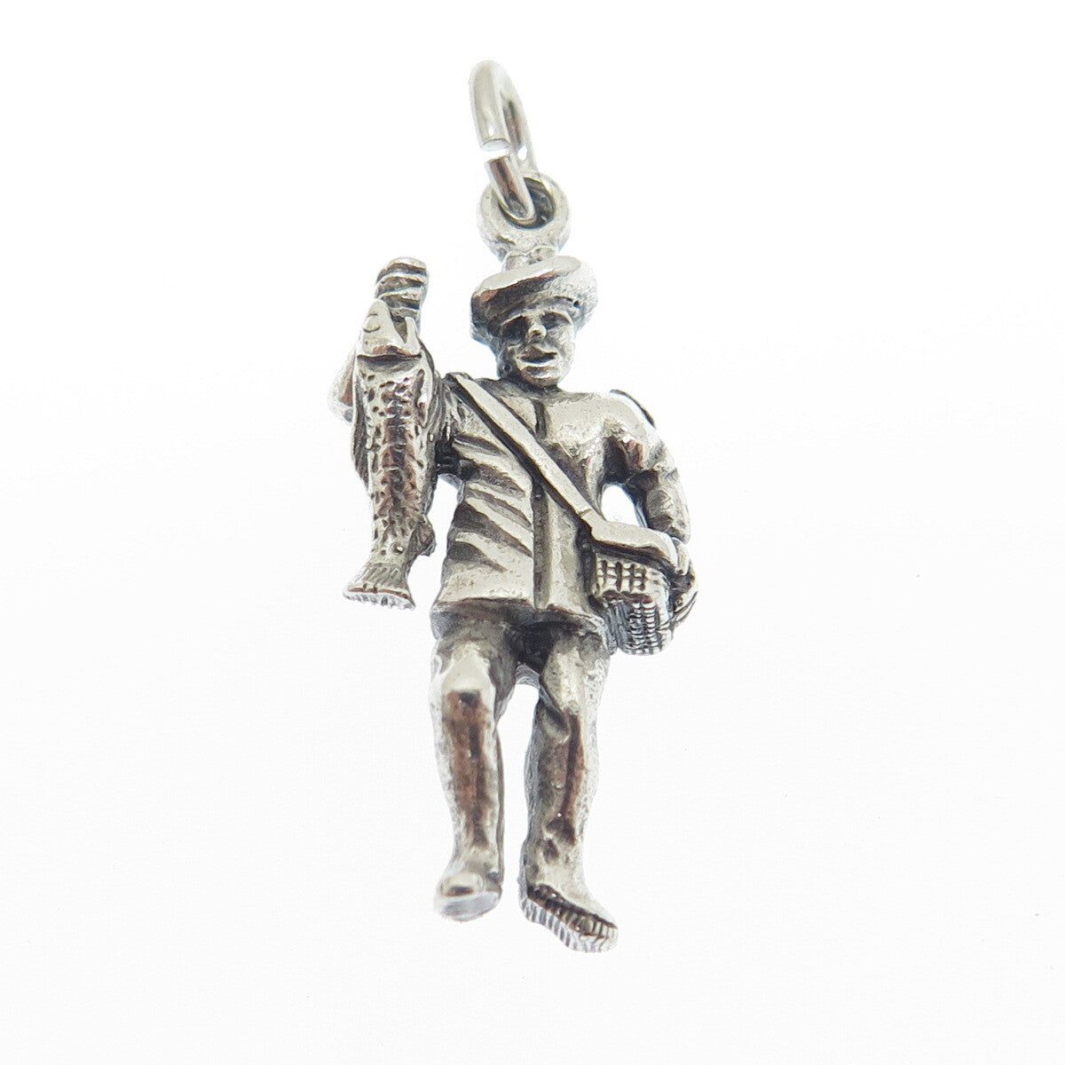 925 Sterling Silver Antique Art Deco Fisherman Minimalist 3D Charm Pendant