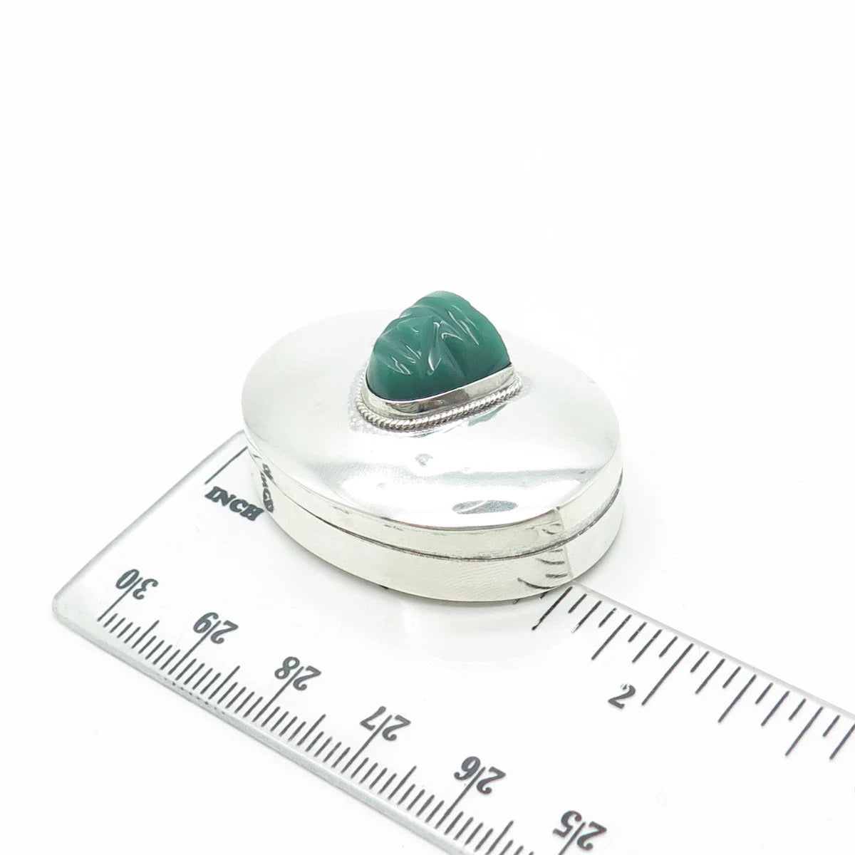 925 Sterling Silver Vintage Real Green Onyx Gemstone Tribal Face Box / Case