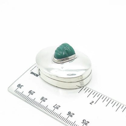 925 Sterling Silver Vintage Real Green Onyx Gemstone Tribal Face Box / Case
