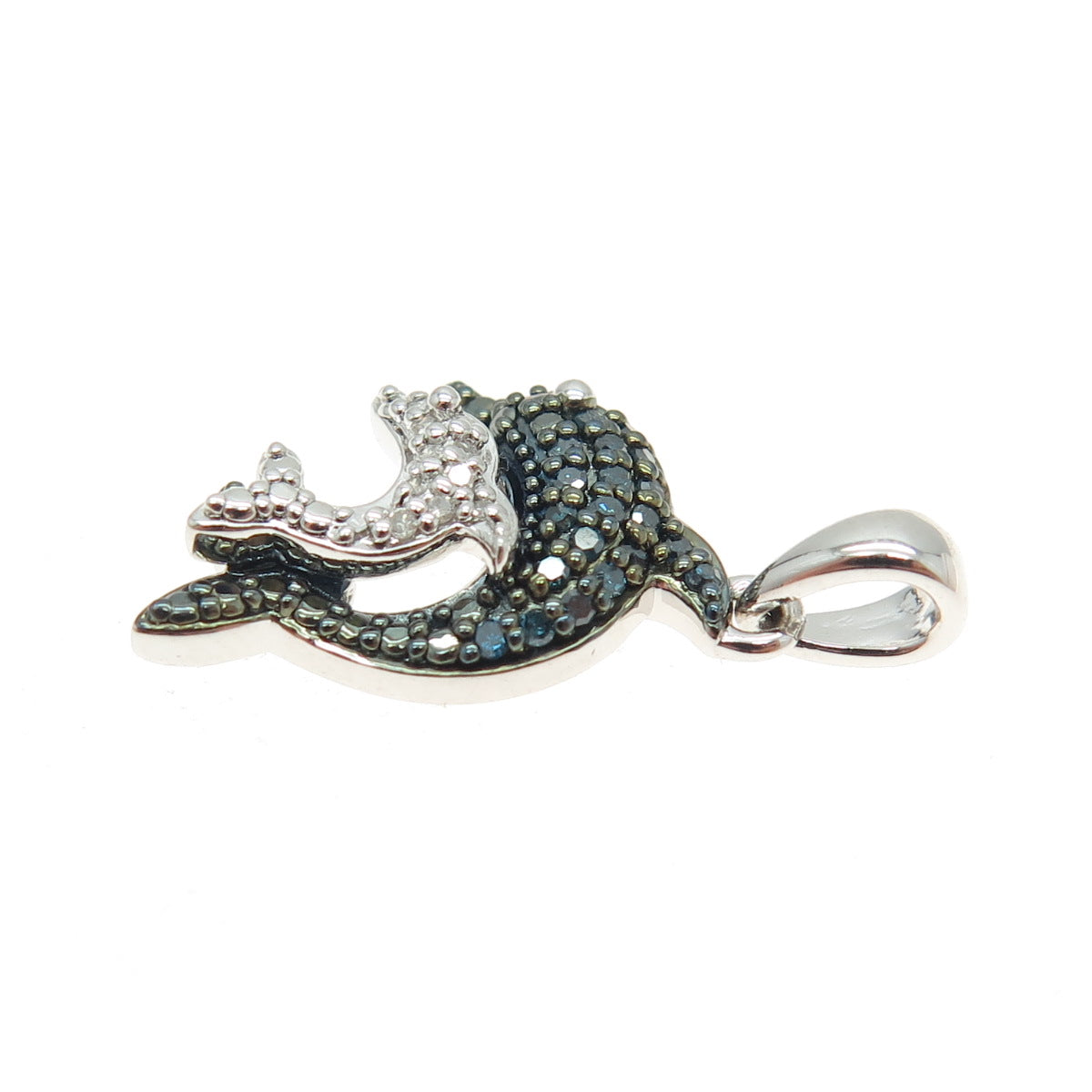 SUN 925 Sterling Silver Real Round-Cut Blue & White Diamond Dolphin Mini Pendant