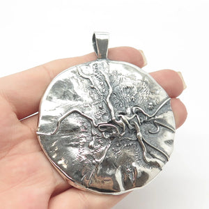 925 Sterling Silver Vintage Brutalist Modernist Large Round Pendant