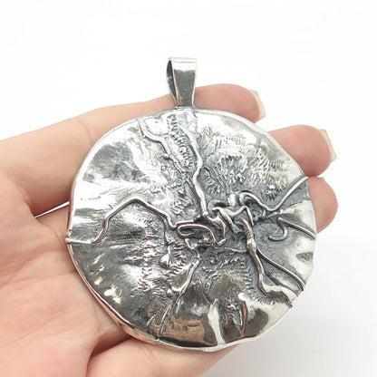 925 Sterling Silver Vintage Brutalist Modernist Large Round Pendant