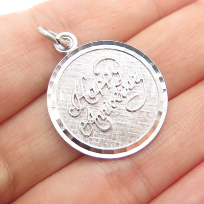 LAMODE 925 Sterling Silver Vintage Happy Anniversary Round Tag Charm Pendant