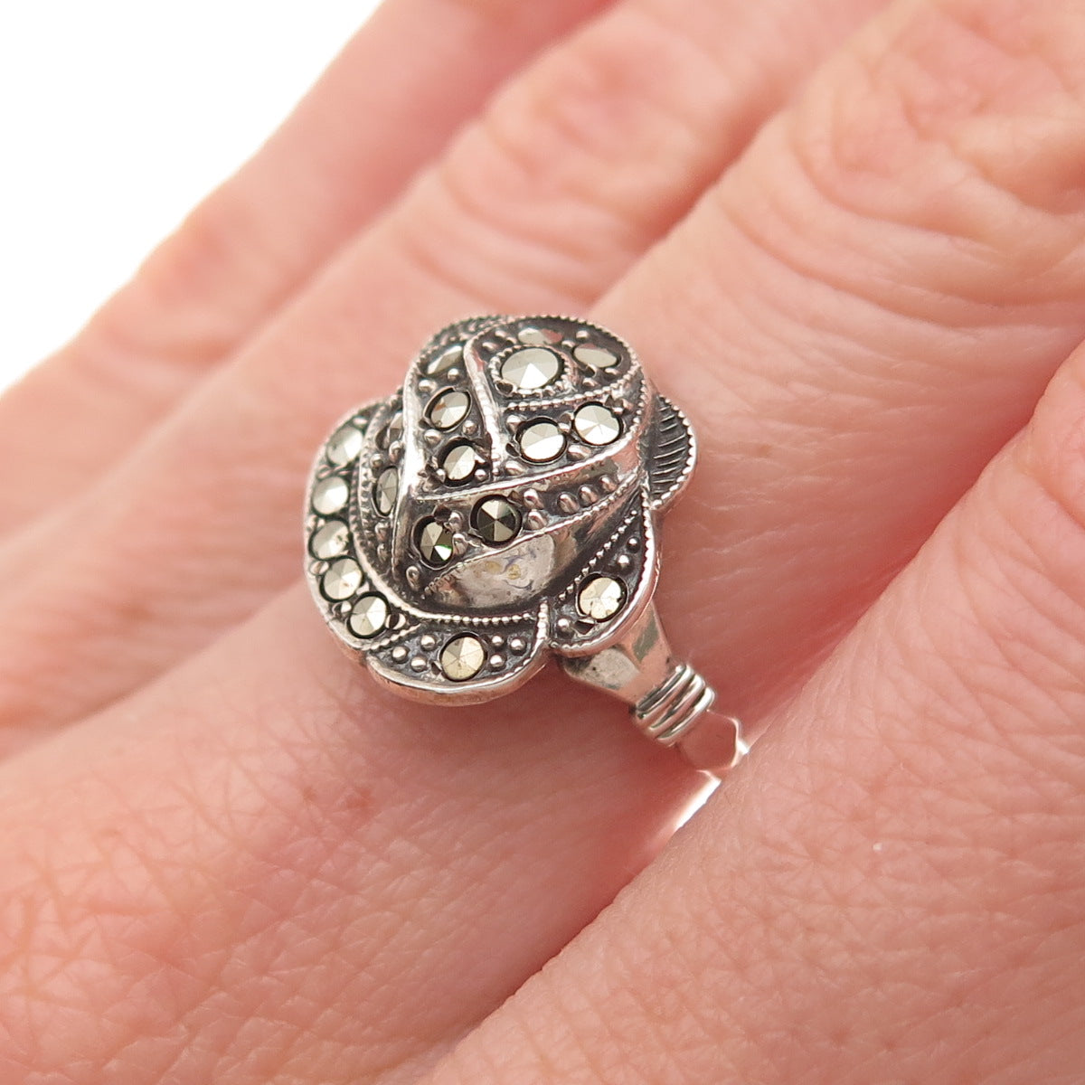 Uncas Sterling Silver Antique Art Deco Real Marcasite Rose Flower Ring Size 7