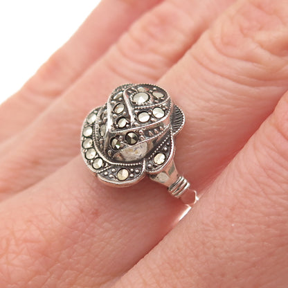 Uncas Sterling Silver Antique Art Deco Real Marcasite Rose Flower Ring Size 7