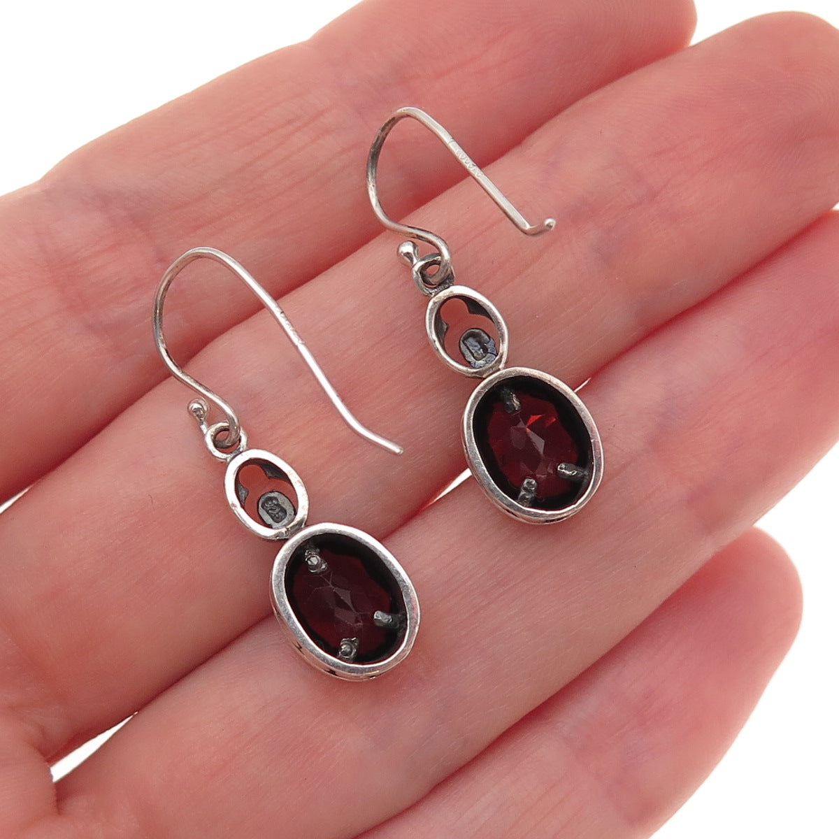 Lucas Lameth 925 Sterling Silver Vintage Real Red Garnet Dangle Earrings