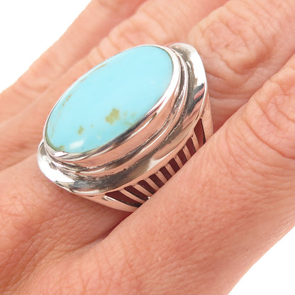 Ken Crafts 925 Sterling Silver Vintage Real Turquoise Oxidized Ring Size 6.75