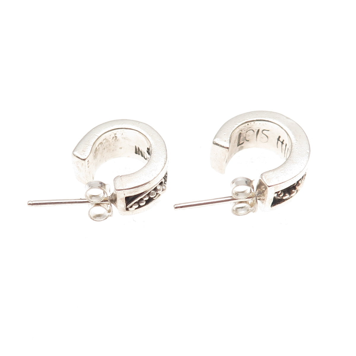 Lois Hill 925 Sterling Silver Vintage Signature Scroll Granulated Hoop Earrings