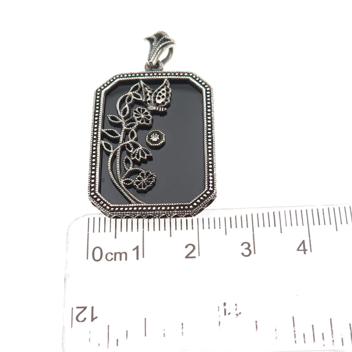 925 Sterling Silver Vintage Real Diamond & Black Onyx Floral Oxidized Pendant