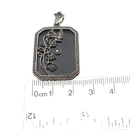 925 Sterling Silver Vintage Real Diamond & Black Onyx Floral Oxidized Pendant