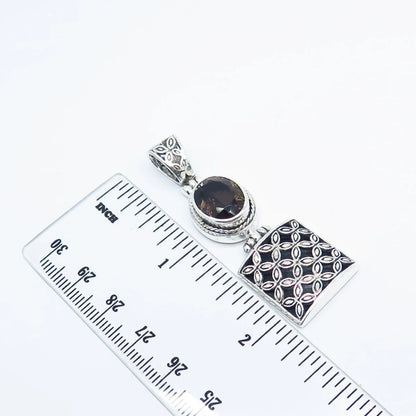 925 Sterling Silver Vintage Real Smoky Quartz Ornate Pendant