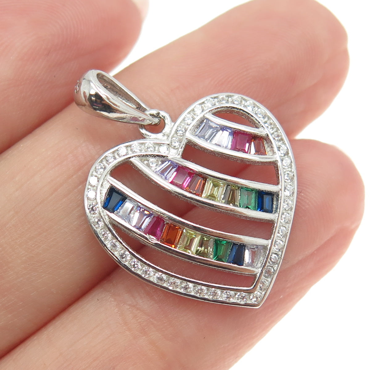 925 Sterling Silver Tapered Baguette & Round-Cut Multi-Color C Z Heart Pendant